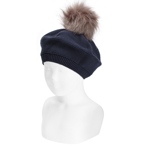 [50.103.010-480-L] Beret W/ Faux Fur Pom Pom